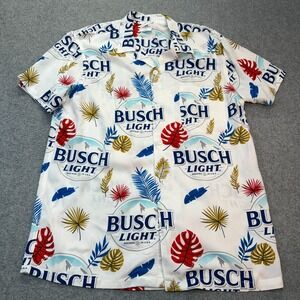 Busch Light Mens Hawaiian Button Shirt Tropical Rayon White Beer Logo Size‎ M